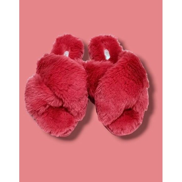 Flora Berry Rouge Super Soft Fuzzy Faux Fur Crossband Womens 7/8 House Slippers - Picture 9 of 16